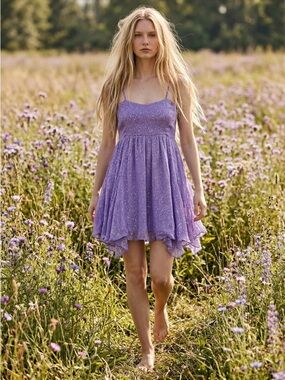 Raga Fairy Layered Ruffle Shimmer Mini Dress Lavender Metallic Silver XS Small